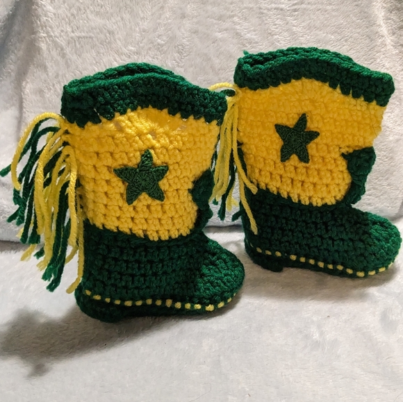 Handmade Knit Western Cowboy Fringe Booties Yellow Green Infant OS - Picture 2 of 8